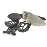 LR - Vintage Cast Iron Irons, Iron Stands and Ornate Trivet