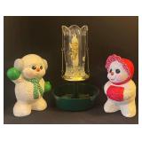 LL - Two Snowman Figurines with Crystal Candle Holder