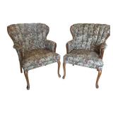 LR - Pair of Vintage Floral Armchairs - Carved Wood Frames