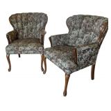 LR - Pair of Vintage Floral Armchairs - Carved Wood Frames