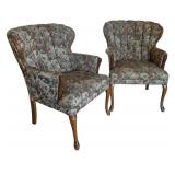LR - Pair of Vintage Floral Armchairs - Carved Wood Frames
