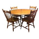 K - Vintage Round Oak Dining Table with Four Spindle-Back Chairs