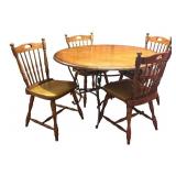 K - Vintage Round Oak Dining Table with Four Spindle-Back Chairs