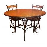 K - Vintage Round Oak Dining Table with Four Spindle-Back Chairs