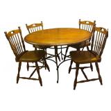 K - Vintage Round Oak Dining Table with Four Spindle-Back Chairs