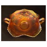 LL - Vintage Fenton Art Glass Carnival Strawberry Two Handled Marigold Bonbon Dish