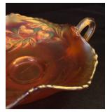 LL - Vintage Fenton Art Glass Carnival Strawberry Two Handled Marigold Bonbon Dish
