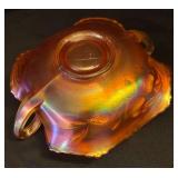 LL - Vintage Fenton Art Glass Carnival Strawberry Two Handled Marigold Bonbon Dish