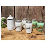 Vintage Kitchen Milk Glass/Jadeite Shakers Plus 6" Porcelain Pitcher