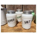 Vintage Kitchen Milk Glass/Jadeite Shakers Plus 6" Porcelain Pitcher