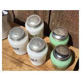 Vintage Kitchen Milk Glass/Jadeite Shakers Plus 6" Porcelain Pitcher