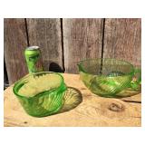 (2) Pcs Vaseline/Uranium Glass Swirl Bowl + Butter Bowl - Nice