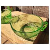 (2) Pcs Vaseline/Uranium Glass Swirl Bowl + Butter Bowl - Nice