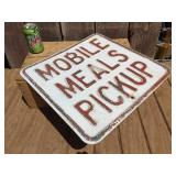Vintage Heavy Embossed "MOBILE MEALS PICKUP" Steel Sign 18" x 18"