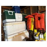 Boating lot: coolers, nets, bouy markers, life jackets etc