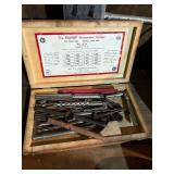 vintage Starrett No. 436 micrometer caliper wood storage case containing assorted machinist tools