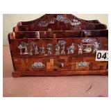 antique desk organizer or letter rack featuring intricate mother-of-pearl inlay