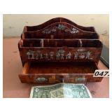 antique desk organizer or letter rack featuring intricate mother-of-pearl inlay
