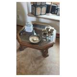 wooden table with glass top dimensions are 39 inches by 39 inches by 16 inches.