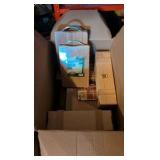 Large box of items bamboo cutting board, cork board boxes and more