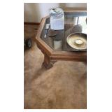 wooden table with glass top dimensions are 39 inches by 39 inches by 16 inches.