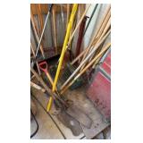 Miscellaneous garden tools, shovels, pitchforks, rakes, etc.