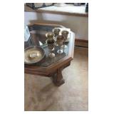 wooden table with glass top dimensions are 39 inches by 39 inches by 16 inches.