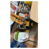 shelf contents including fertilizer, cleaner, nail screws, and tools