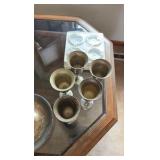 wooden table with glass top dimensions are 39 inches by 39 inches by 16 inches.