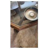 wooden table with glass top dimensions are 39 inches by 39 inches by 16 inches.