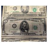 US Currency Banknote Lot - Mixed Denominations ($20, $10, $5) Vintage Series