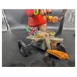Vintage Tin Litho Duck Pull Toy on Metal Cart - Made in China