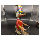 Vintage Tin Litho Duck Pull Toy on Metal Cart - Made in China