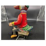 Vintage Tin Litho Duck Pull Toy on Metal Cart - Made in China