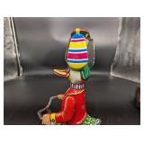 Vintage Tin Litho Duck Pull Toy on Metal Cart - Made in China