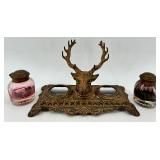 Bradley & Hubbard Antique Ink Well with Twin Glass Bottles