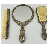 Vintage Silver Plated Vanity Set - Hand Mirror & Hair Brush & Comb