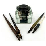Antique Glass Inkwell with Assorted Pens including A. W. Faber Berkeley 445 USA Dip Pen Nibs