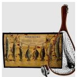 Shakespeare World Records Poster & Fish Net with Shakespear Wondereel Fishing Pole Reel