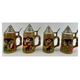 Four Folk Art Beer Steins with Pewter Lids - Made in Taiwan