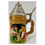 Four Folk Art Beer Steins with Pewter Lids - Made in Taiwan