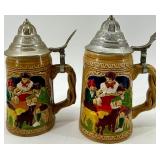 Four Folk Art Beer Steins with Pewter Lids - Made in Taiwan