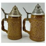 Four Folk Art Beer Steins with Pewter Lids - Made in Taiwan
