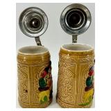 Four Folk Art Beer Steins with Pewter Lids - Made in Taiwan