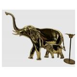 Brass Elephant Wall Sculpture with Upturned Trunk & Brass Candle Holder