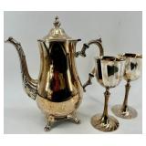 Vintage Silver Plate Coffee Pot with Lid and Goblets