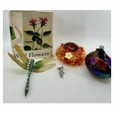 Vintage Wild Flowers Field Guide, Glass Hummingbird Feeders (2) & Crystal Hummingbird Ornament