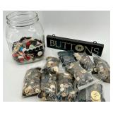 Assorted Buttons in Glass Jar & Bags - Craft Supplies