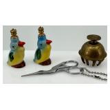 Pair of German Bird Perfume Bottles with Crown Tops, Brass Censer & Scissors