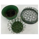 Vintage Green Metal Flower Frogs Set of 3 including Blue Ribbon Flower Holder